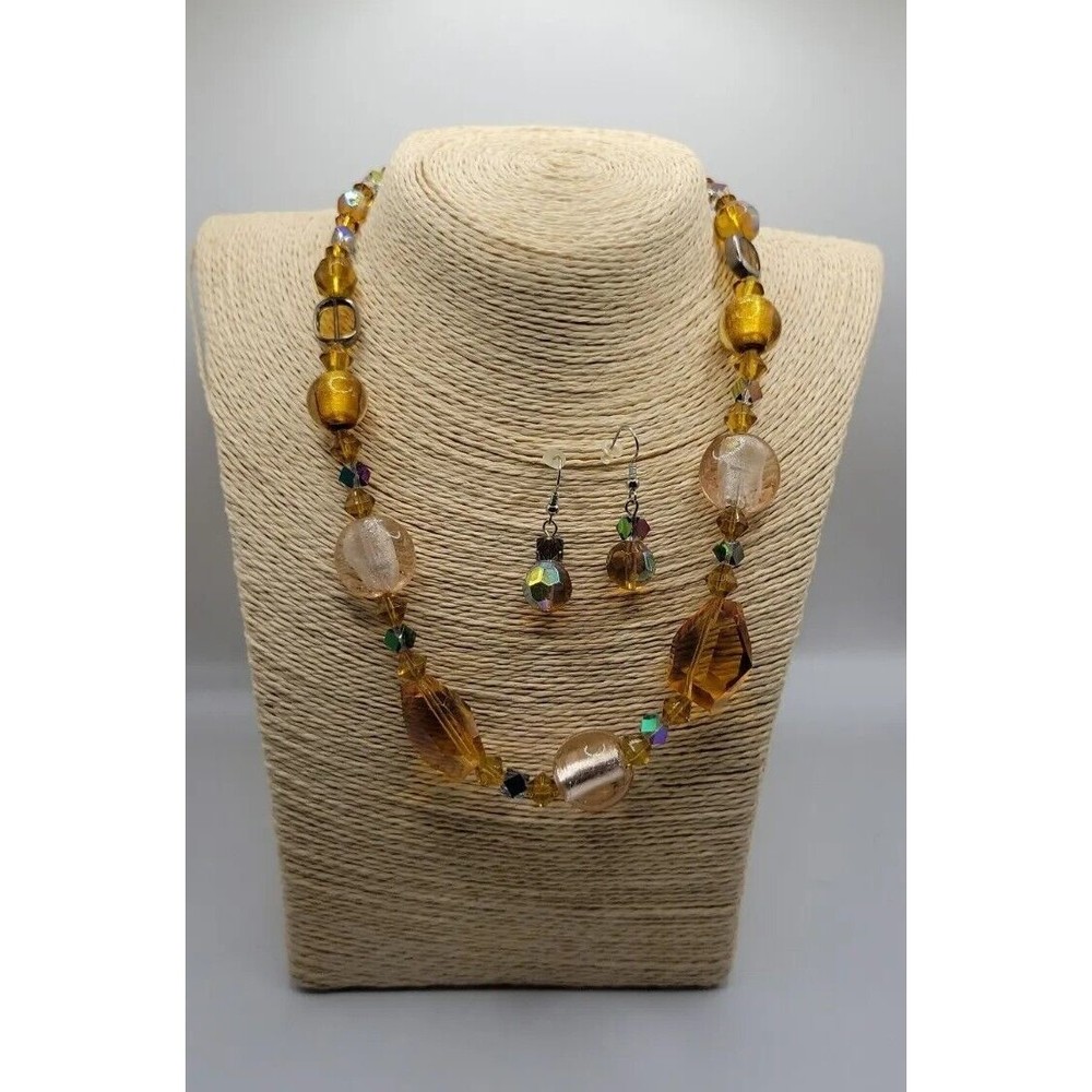 Lovely Large Faceted Amber Crystal AB Beaded Necklace with Matching Earrings Set